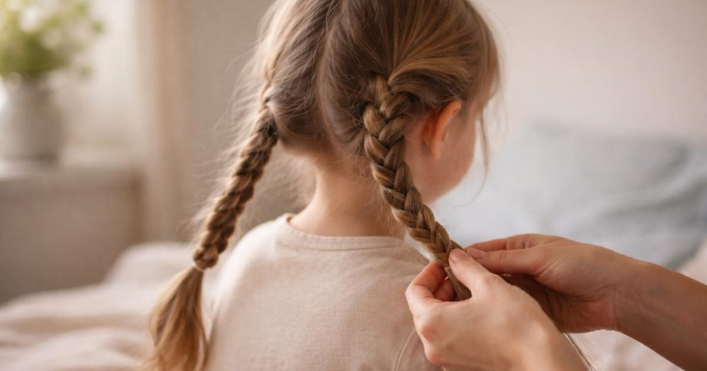 ילדה צעירה עם צמות עדינות בשיער, צילום אחורי רגוע המדגיש קליעה עדינה ומתאימה לגיל