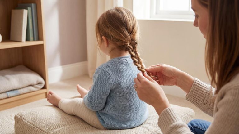 צמות עדינות לילדה בגיל שנתיים באווירה רגועה ובטוחה