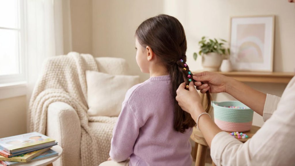 חוויית צמות רגועה לילדים עם קליעה עדינה וסבלנית בסביבה ביתית ונעימה