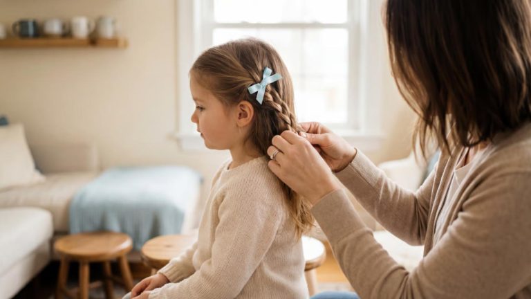 אמא קולעת בעדינות צמות לילדה צעירה בבית, ברוגע ובסבלנות, כחוויה נעימה ומחברת בזמן טיפוח השיער